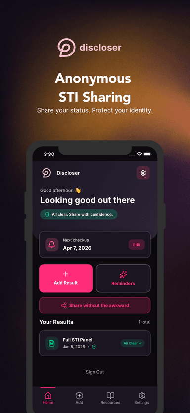 Discloser app dashboard showing health test results overview with verification status and next checkup reminder