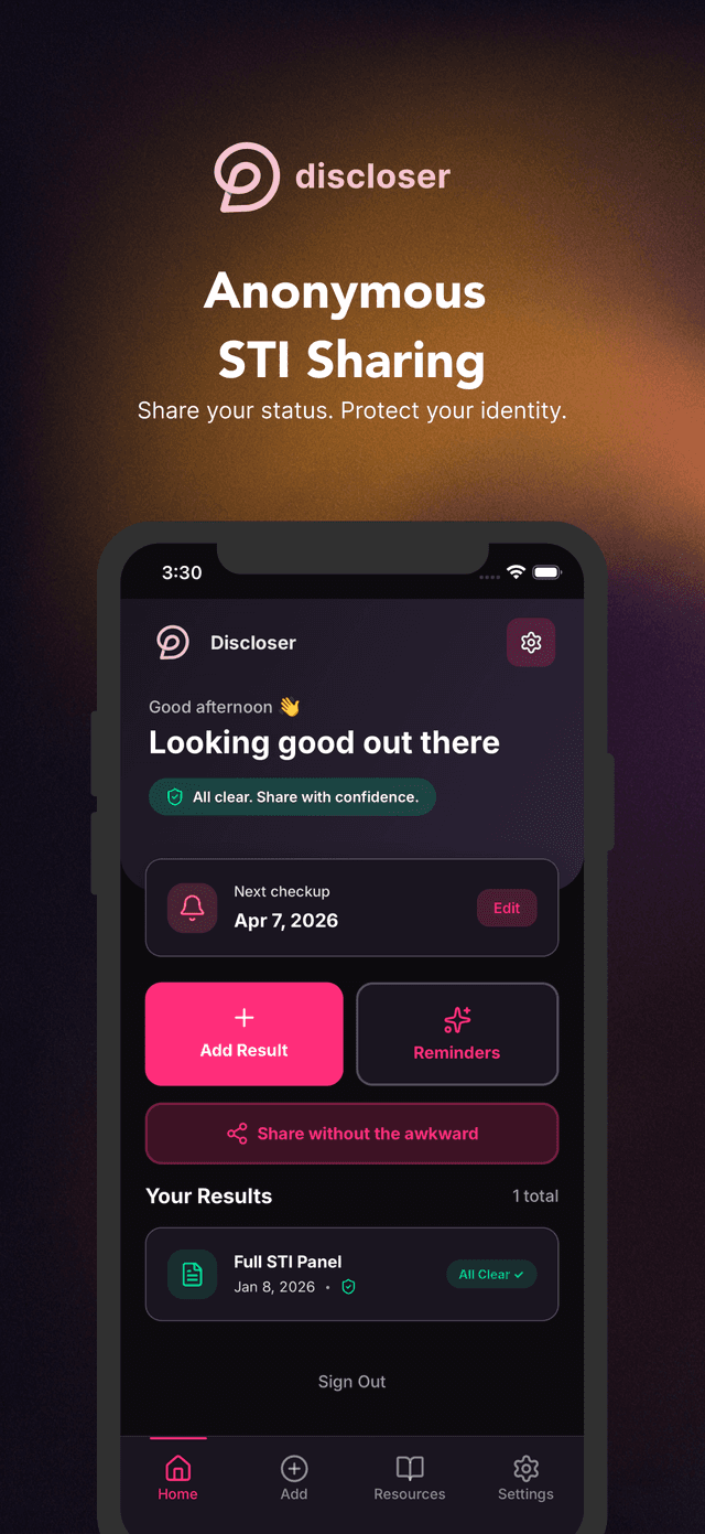 Discloser app dashboard showing health test results overview with verification status and next checkup reminder