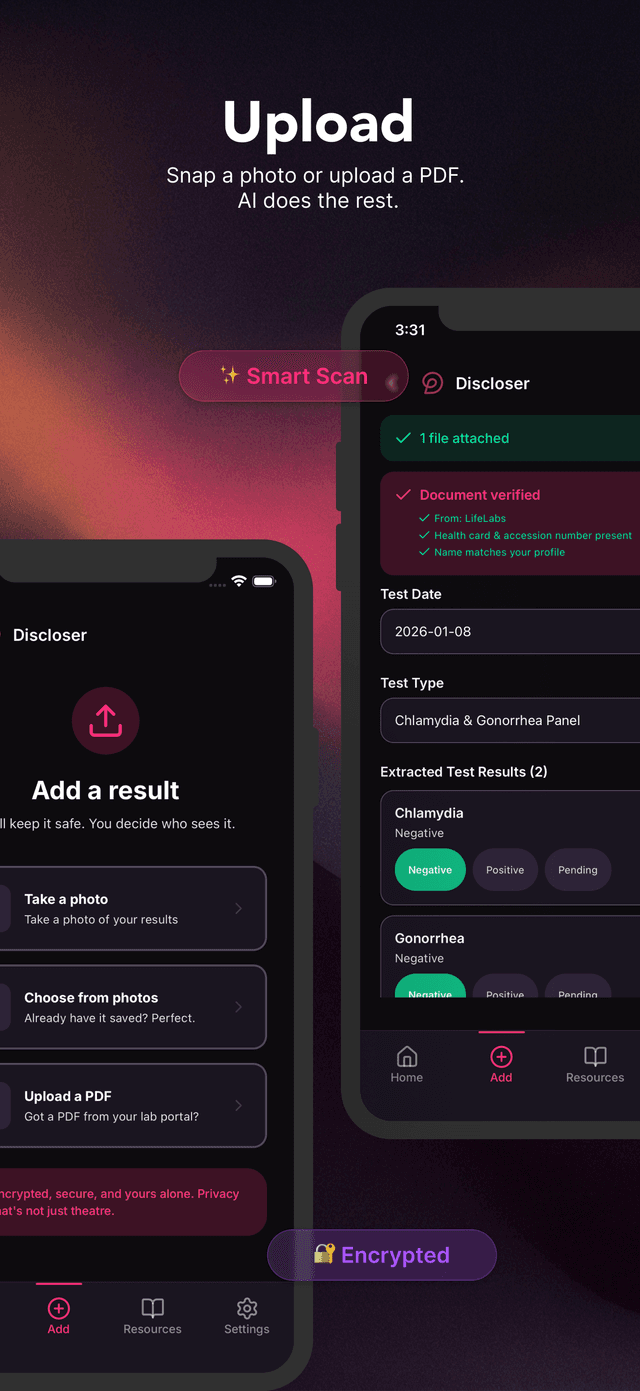 Discloser upload screen with Smart Scan for adding results via photo or PDF