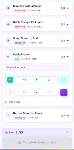 GGYM active workout tracking with set logging, rest timer, and exercise notes