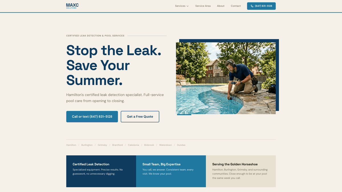 Maxc Solutions homepage with the headline "Stop the Leak. Save Your Summer." and a photo of a technician inspecting a backyard pool