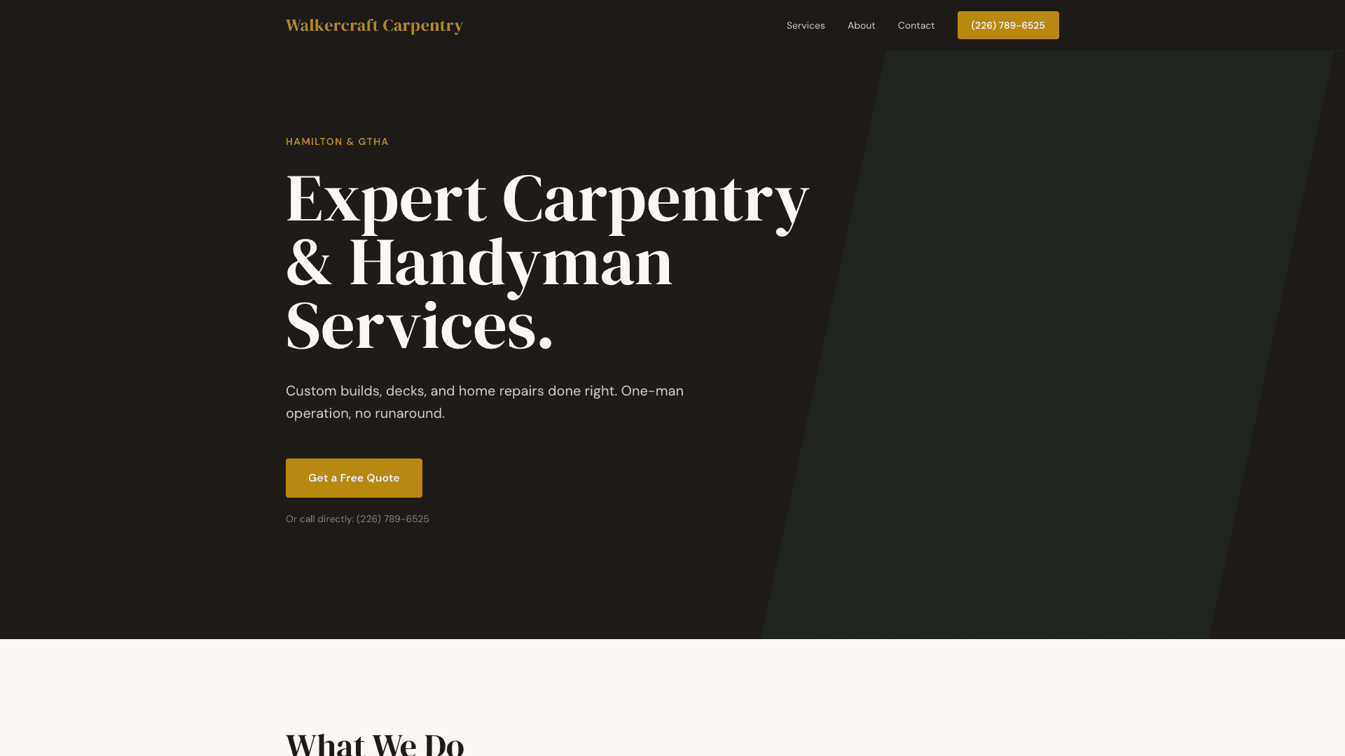 Walkercraft Carpentry website homepage featuring expert carpentry and handyman services in Hamilton