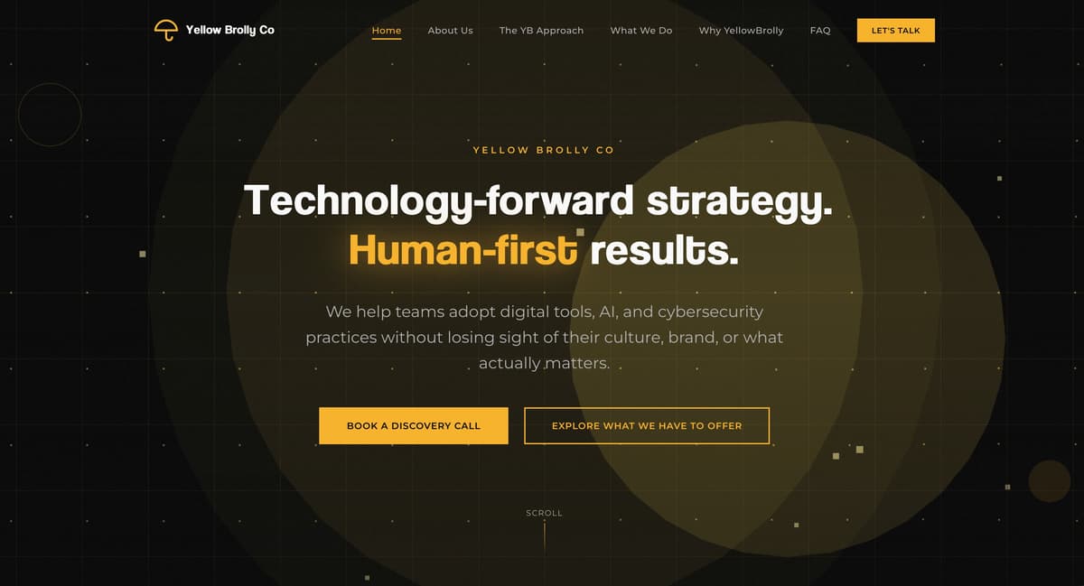 Yellow Brolly homepage showing brand strategy and consulting services